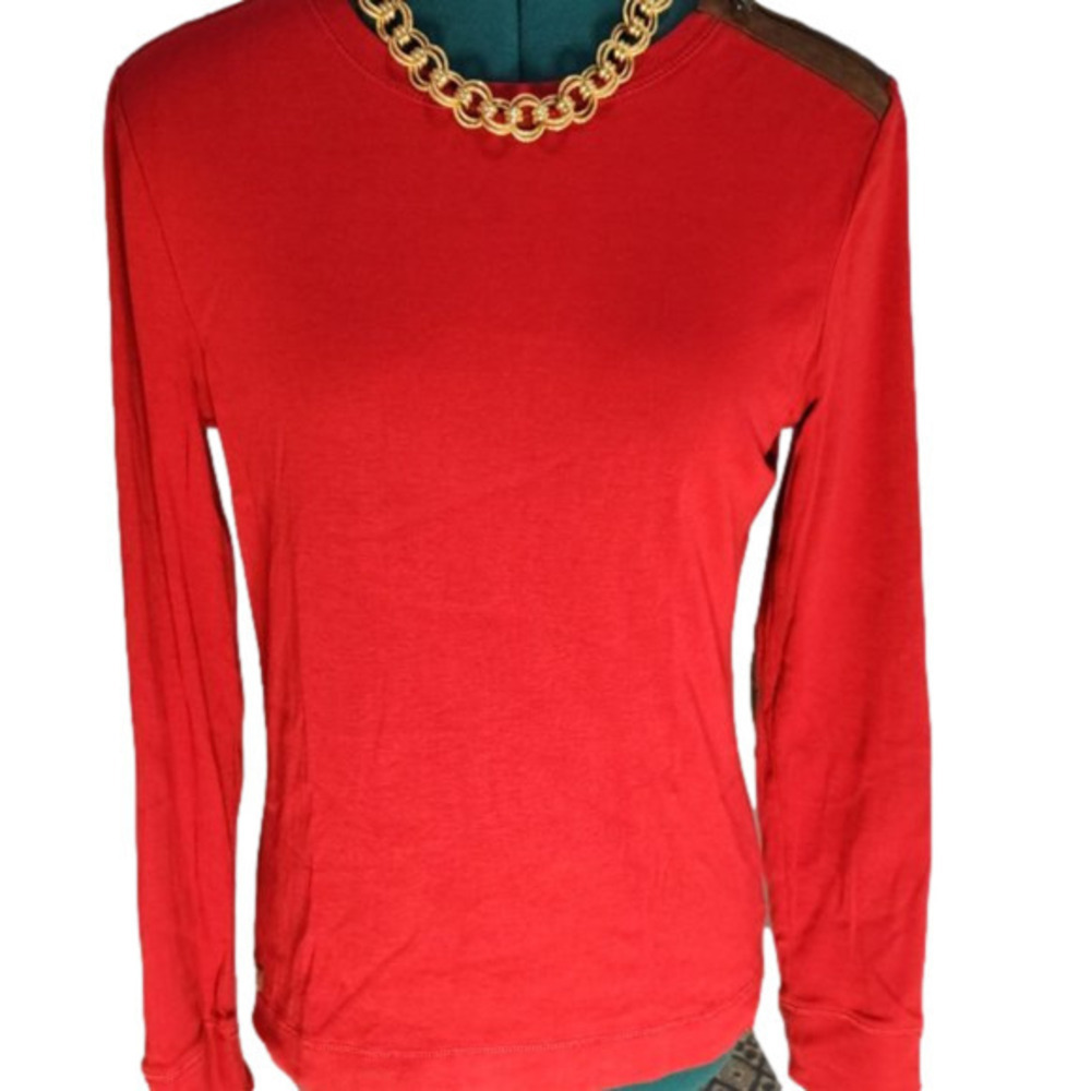 P128.  Ralph Lauren Jeans Co. Red Long-Sleeved Tee with Faux Suede patches| L